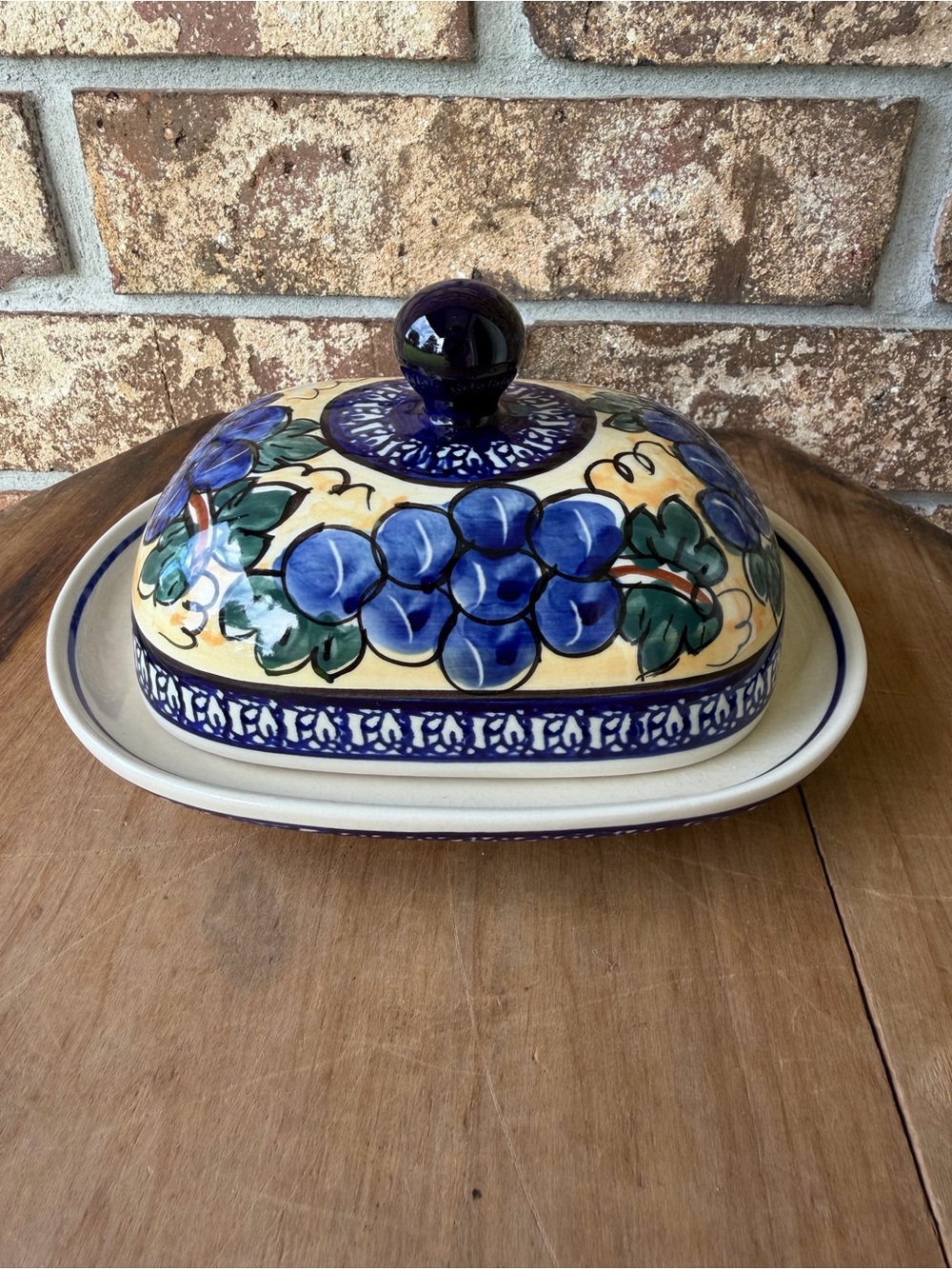 Blue Rose Polish Pottery Grapes Square Butter Dish Excellent Condition!